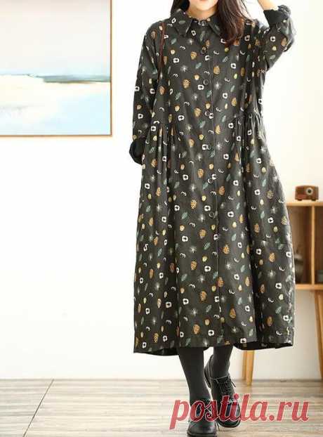Women Floral Dresses, Loose dress, longsleeved dress,  spring Shirt dress, Single breasted gown 【Fabric】 Cotton Lined Cotton 【Color】 brown, dark gray 【Size】 Shoulder 46cm / 18  Sleeve length 54cm / 21  Bust 122cm / 47  Big arm circumference 45cm / 18  Skirt length 110cm / 43    Have any questions please contact me and I will be happy to help you.