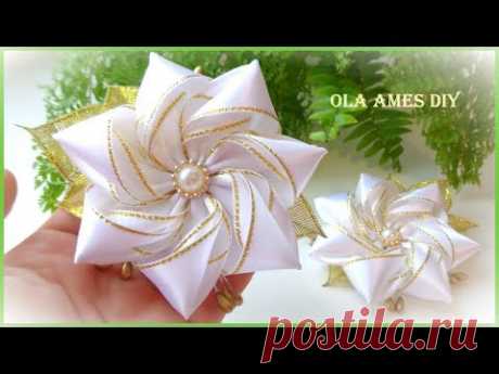 Канзаши/Цветок из атласной ленты на заколке/Kanzashi Flower Hairclip/Flor de Fita Cetim/Ola ameS DIY