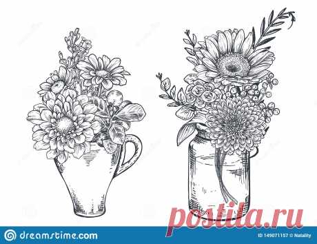 Bouquets With Hand Drawn Flowers And Plants In Vases Jars. Stock Vector B61