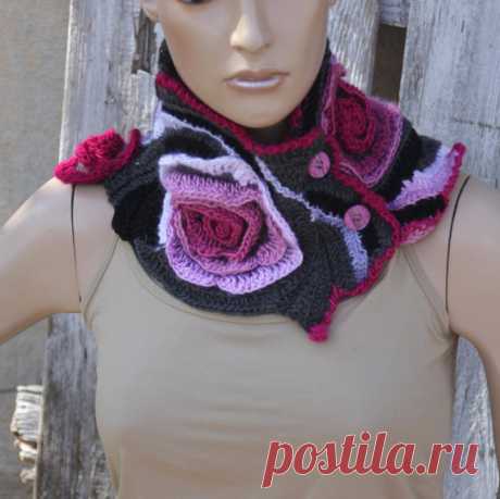 Crochet Scarf Roses Capelet Neck Warmer Freeform crochet Pink