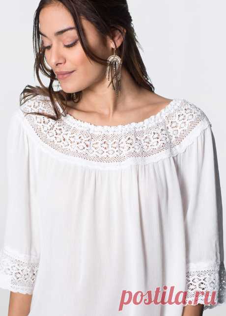 Блузка в стиле Кармен с кружевной вставкой цвет белой шерсти - Для женщин - RAINBOW - bonprix.ru