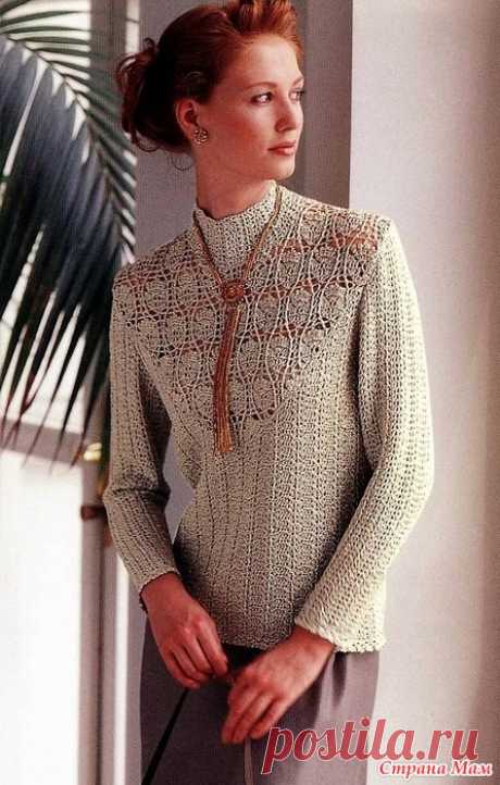 Ажурный свитер с красивой вставкой цветочным узором. Крючок Let’s knit series NV3935