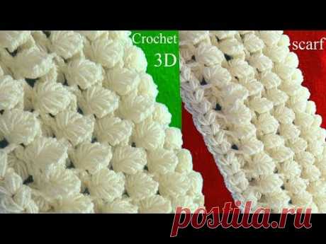 Bufanda a Crochet en punto 3D de hojas reversibles tejido tallermanualperu