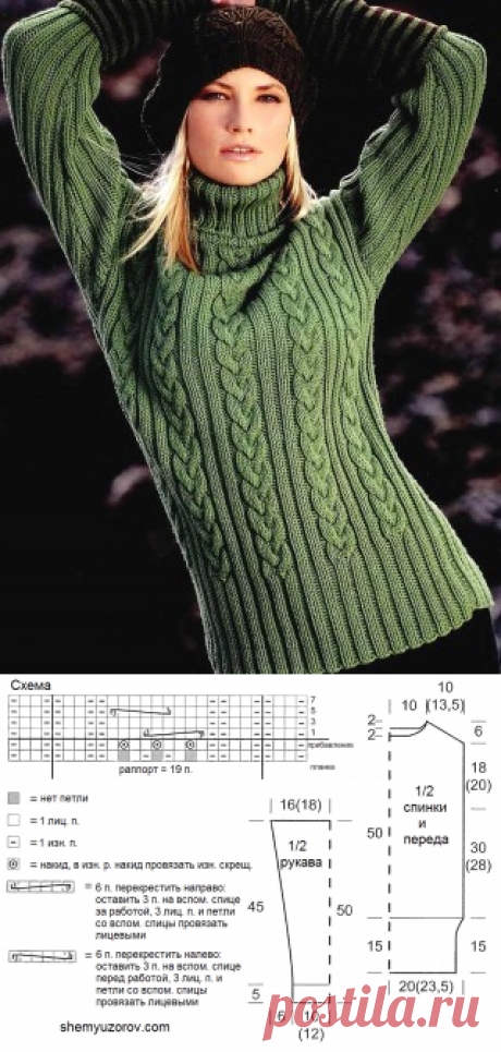 Схемы узоров - Зеленый свитер с косами