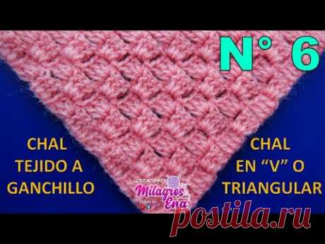 Chal N° 6 tejido a crochet en V en punto ESCALERA en forma triangular, en V o en punta paso a paso