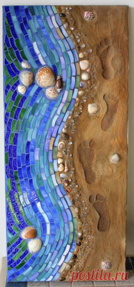 Mosaic, Mixed Media, Glass, Shoreline Footsteps in Sand