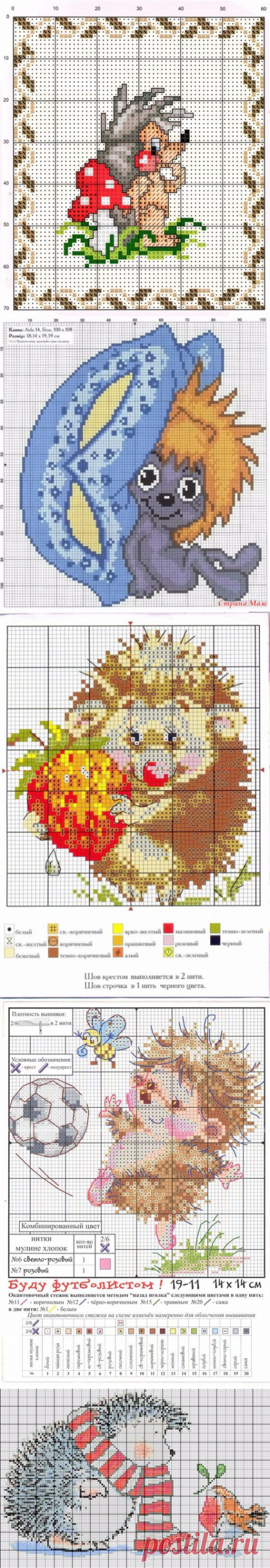 Детские мотивы в вышивке крестом — схемы с очаровательными ежиками
