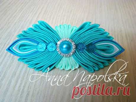 Смарагдова заколка канзаши. Изумрудная заколка своими руками. Hairclip kanzashi