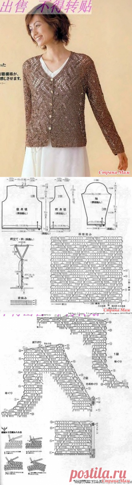 Ажурный филейный жакет с диагональными полосками. - ВЯЗАНАЯ МОДА+ ДЛЯ НЕМОДЕЛЬНЫХ ДАМ - Страна Мам