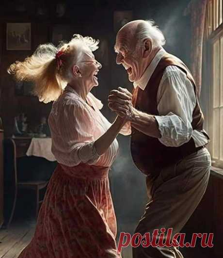 старик и женщина танцуют перед окном