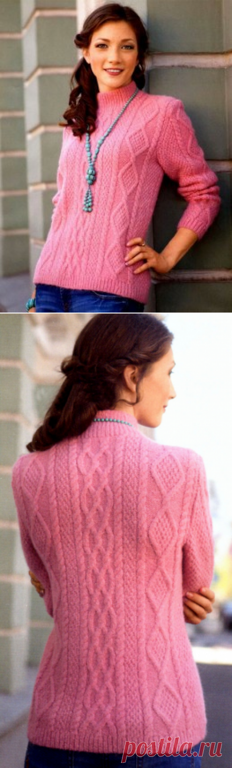 Вязание крючком и спицами - Пуловер с воротником-стойка и узором ромбы с косами