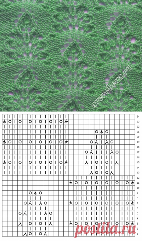 узор 401 ажурные кустики с листочком | каталог вязаных спицами узоров