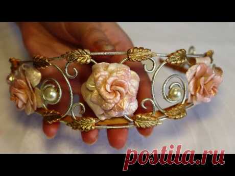 Flower Tiara with polymer clay roses and gold leaf. Diy headband crown. Wedding hair jewelry