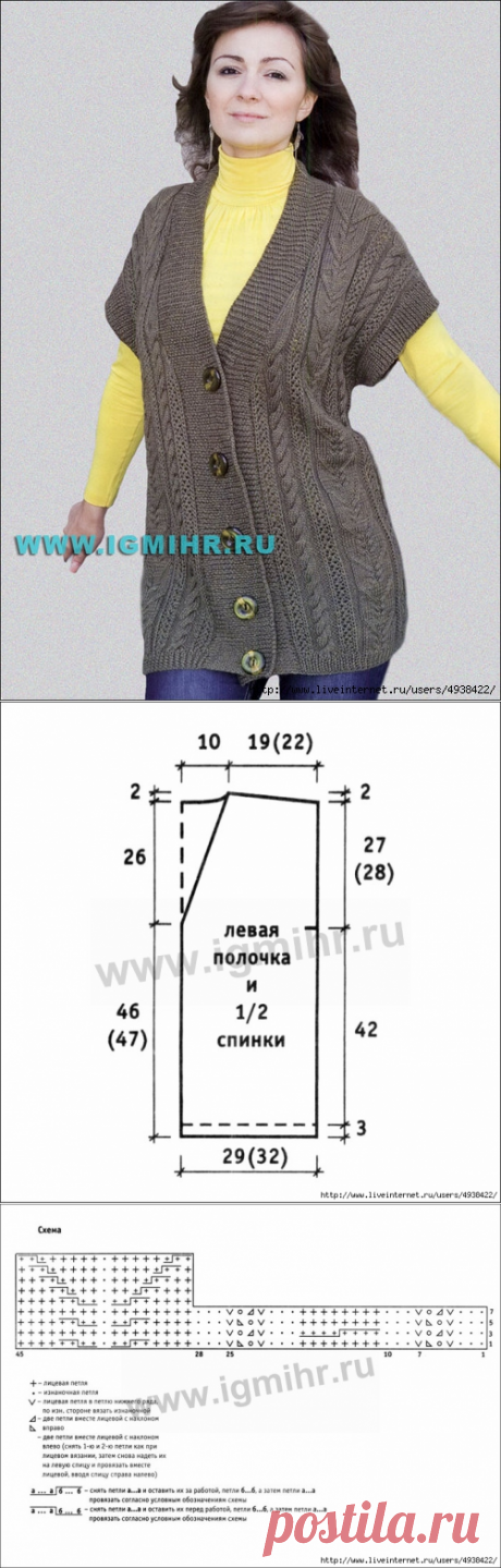 Комфортно и тепло! Большие размеры. Удлиненный жилет с вертикалями выразительных рельефов. Спицы.