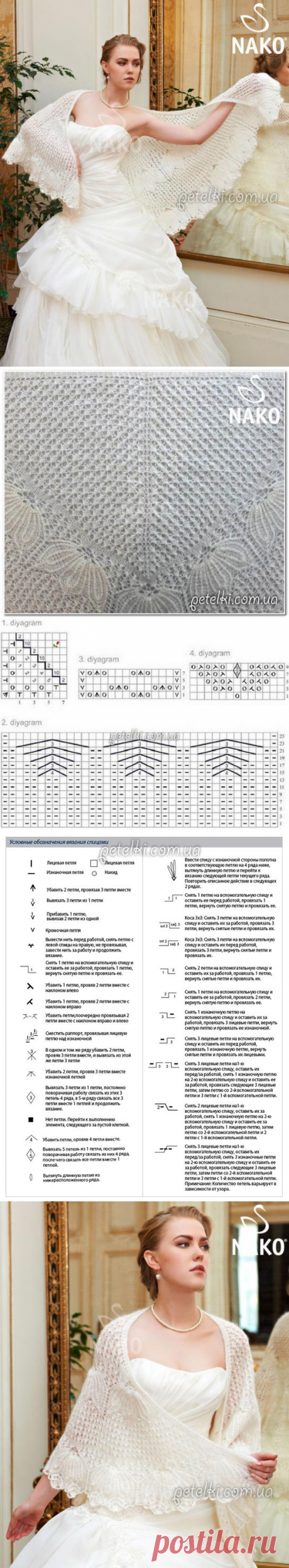 Свадебная ажурная шаль спицами. Описание вязания, схемы