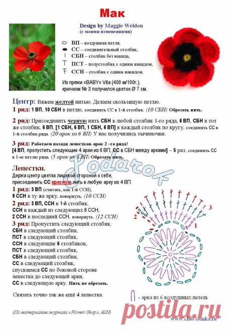 Мак крючком схема и описание: 19 вариантов выполнения цветка