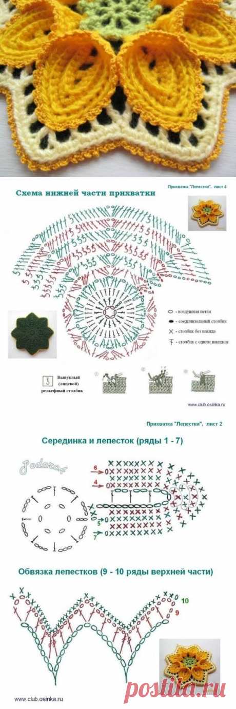 Прихватка вязаная крючком в форме яркого цветка - схема