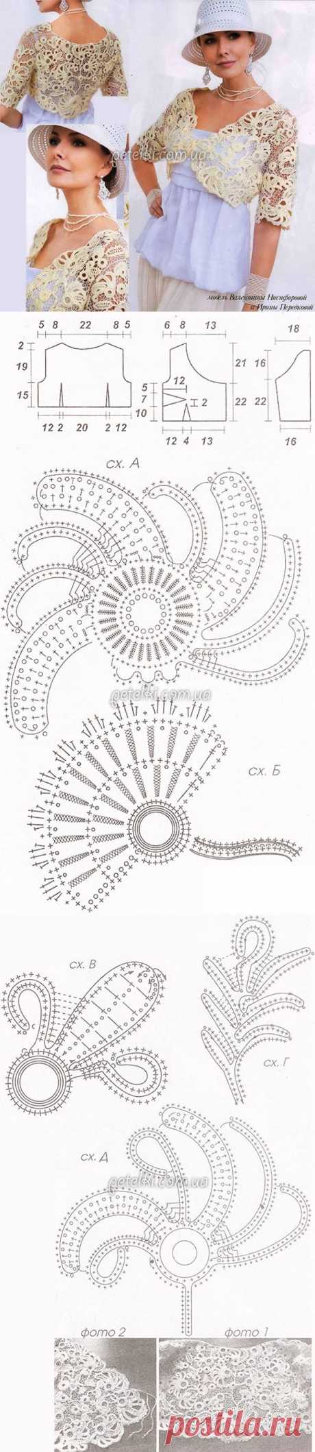 Ирландское кружево. Болеро цвета шампань. Схемы, описание вязания