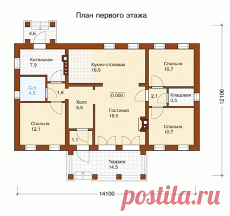 Купить проект одноэтажного коттеджа 12х14 I-110-1P на сайте moshomes.ru