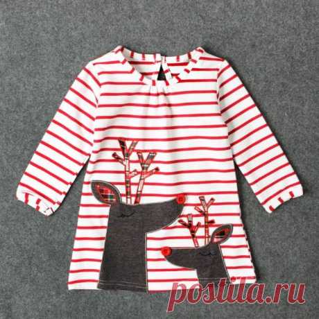 Cute Striped Appliqued Elk Long-sleeve Dress for Baby and Toddler Girl | PatPat