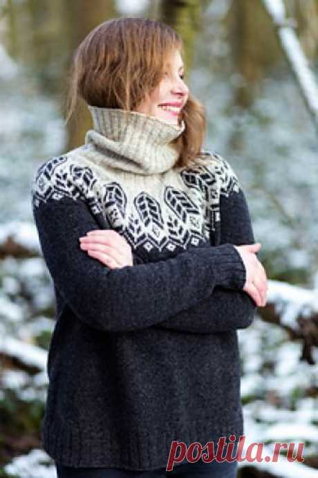 Wild Grass pattern by Asja Janeczek 
Wild Grass is a modern, seamless, circular yoke pullover with subtle waist shaping, finished with 3x1 ribbing. The pattern offers neckline finishing in three different styles: short rib, short ribbed collar or rolled up turtleneck cowl.
