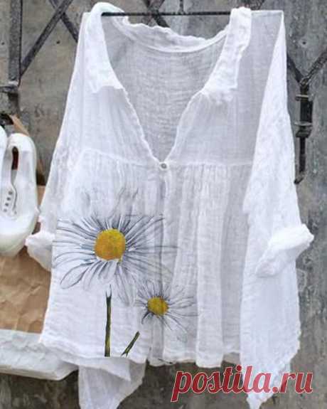 Women's Casual Loose Fit Floral Linen Cotton Shirt&Blouse