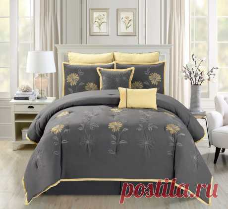 Amazon.com: 5 Piece Modern Oversize Grey / Yellow Sunflower Embroidered Comforter set TWIN Size Bedding: Home & Kitchen