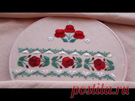 BEST Border Embroidery Border line of poppies Simple stitches. Flower Border  -  in detail