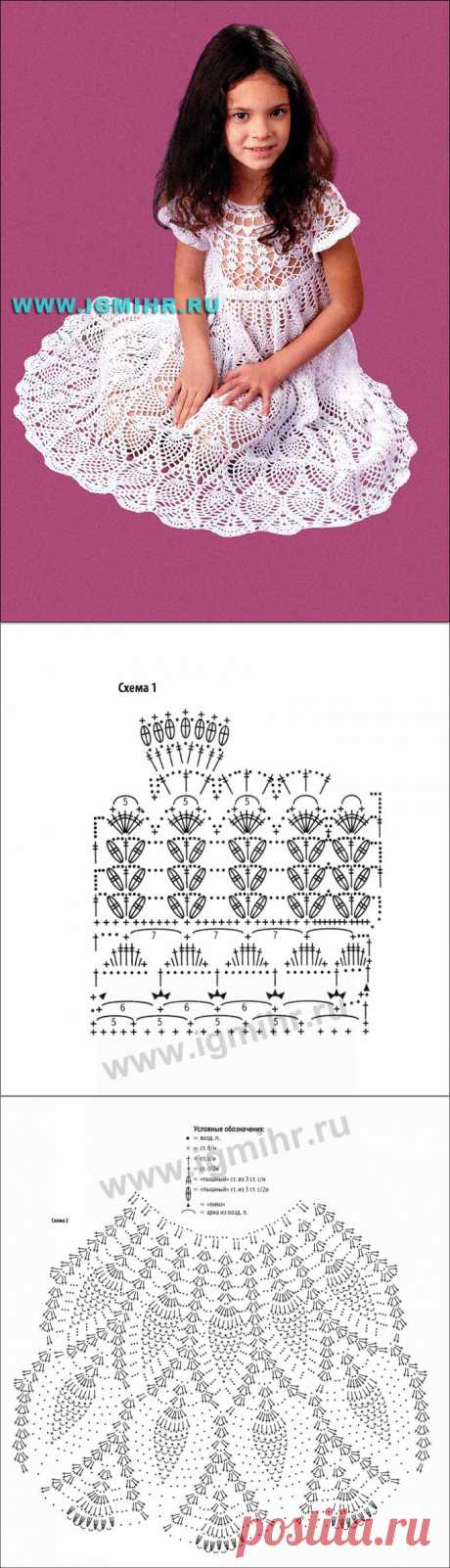 Воздушные узоры для юной модницы. Белое ажурное платье с узором &quot;ананасы&quot; для девочки 5-6 лет. Крючок