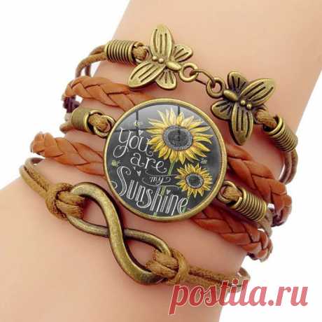 Retro butterfly infinity combination braided bracelet printed sunflower time gemstone decoration handmade multilayer bracelet Sale - Banggood.com