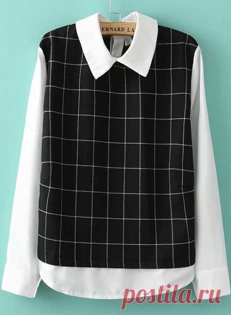 Black White Lapel Long Sleeve Plaid Loose Blouse | SpendItOnThis.com