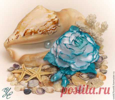 Купить Заколка-брошь из атласа "Бирюзовые волны" - бирюзовый, бирюза, бирюзовое украшение, бирюзовый цветок
