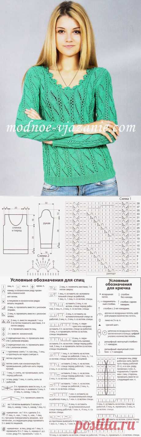 Ажурная зелень: женский пуловер, связанный на спицах | Своими руками