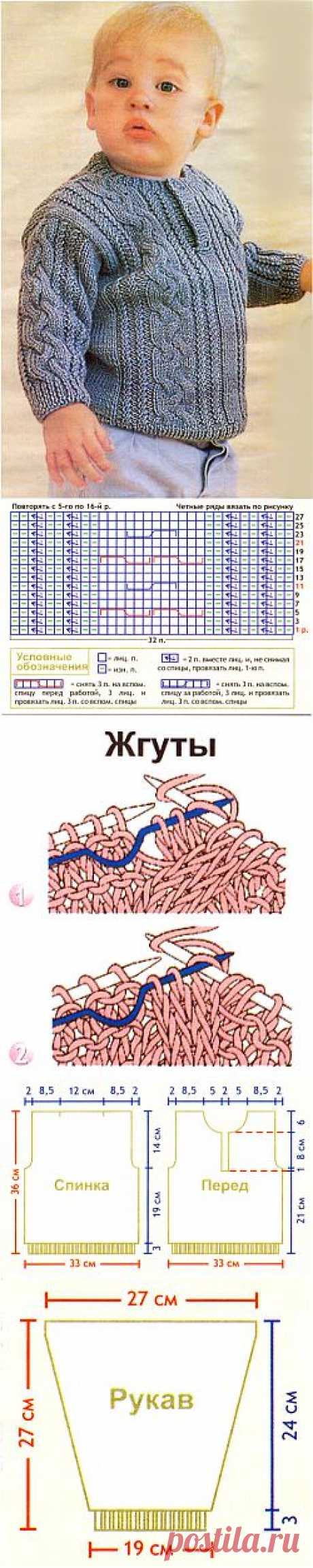 Схема вязания спицами, свитер с косами на мальчика 2-3 года.