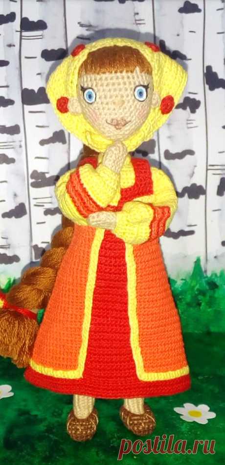 PDF Кукла Любава крючком. FREE crochet pattern; Аmigurumi doll patterns. Амигуруми схемы и описания на русском. Вязаные игрушки и поделки своими руками #amimore - кукла в платье, куколка в косынке, девочка, мультфильм Три богатыря.