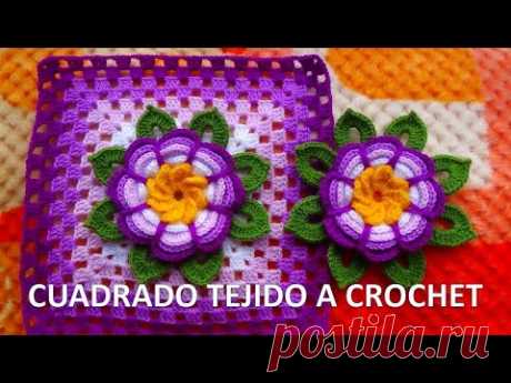 VIDEO COMPLETO de Cuadrado o granny square con flor rosita lila tejida a crochet y hojitas