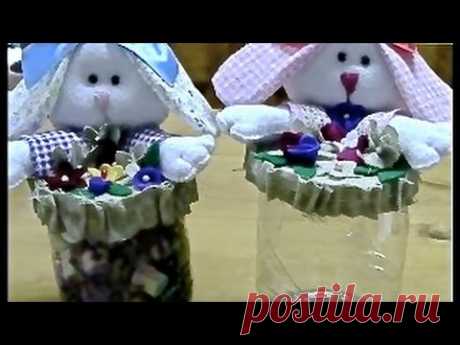 RECICLAGEM - Easter Bunny feltre-Pote de garrafa pet com coelinho da pascoa