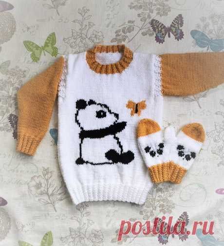 Aran Knitting pattern for girls with Panda and Butterfly Sweater and Mittens, Panda Jumper, Intarsia Picture Gloves, pdf digital download A knitting pattern for an Aran/Worsted (10 ply) Sweater and Mittens featuring Pandas and Butterflies.Pattern is for ages 4 to 13 years.The sweater and mittens are easy to knit in Aran/Worsted yarn and the result is a unique, warm and trendy outfit.YARNAny Aran/Worsted yarn (10 ply) can be used so l