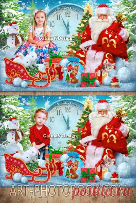 Коллаж Дед Мороз, новогодние часы