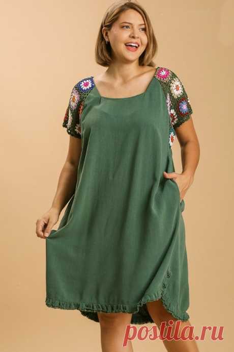Umgee Forest Green Linen Blend Dress with Colorful Crocheted Sleeves – June Adel