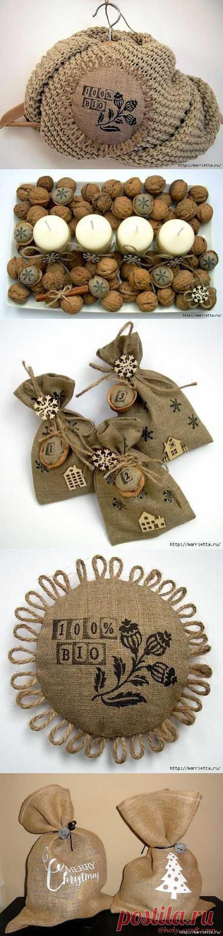 Идеи упаковки новогодних подарков. Шьем мешочки и украшаем их грецкими орехами.