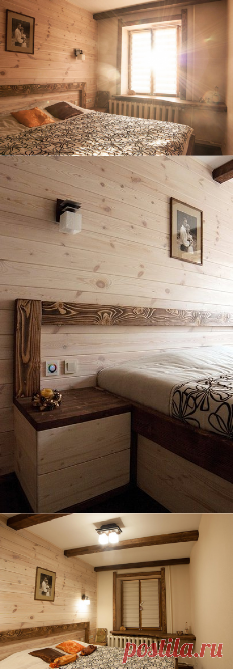 Моя спальня: ощущение загородного дома, дерево на полу, на стене, деревянная мебель