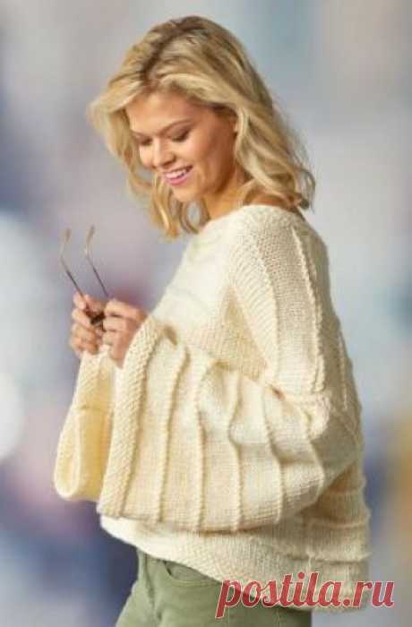 Пуловер Биг Белл Свободная модель женского пуловера, связанного из акрила на спицах 6 мм. Вязание модели выполняется рядами лицевой гладью с рубчиками. Фактически...