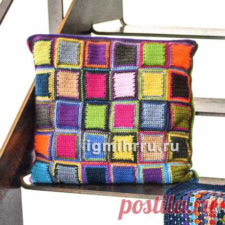 Чехол для подушки из разноцветных прямоугольников. Вязание крючком