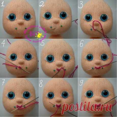 Как вышить губки вязаной кукле