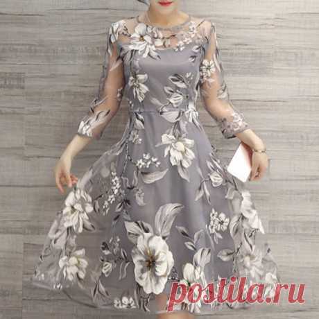 Wholesale Charming Round Neck 3/4 Sleeve Floral Print See-Through Women's Dress (LIGHT GRAY,2XL), Print Dresses - Rosewholesale.com