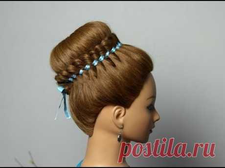 Braided hairstyle for long hair with 4 strand ribbon braid. Bun updo