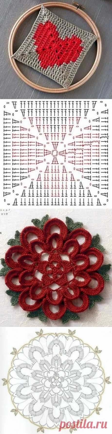 В копилку - &quot;бабушкин&quot; квадрат с сердечком и цветок. / Вязание крючком / Вязание крючком для начинающих