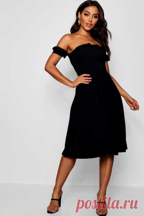 Купить -Платье-миди с открытыми плечами и расклешенной юбкой boohoo DZZ15850-105-18 онлайн в интернет-магазине - PoshLook