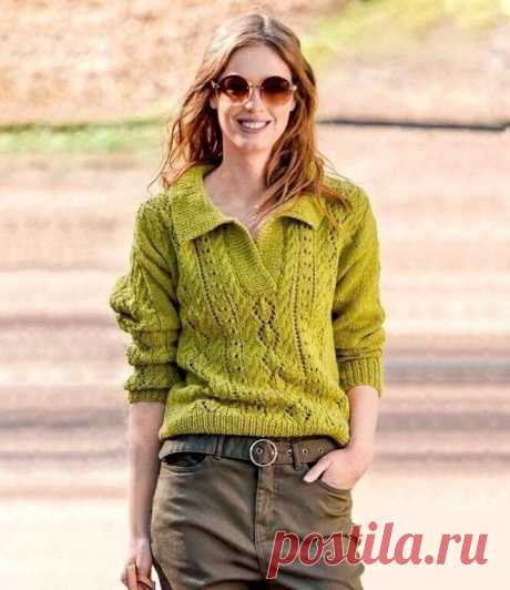 Модный пуловер спицами 🌿 Вам потребуется: 500 (550) 600 г пряжи цвета киви(50% акрил, 35% шерсти, 15% шерсти альпак